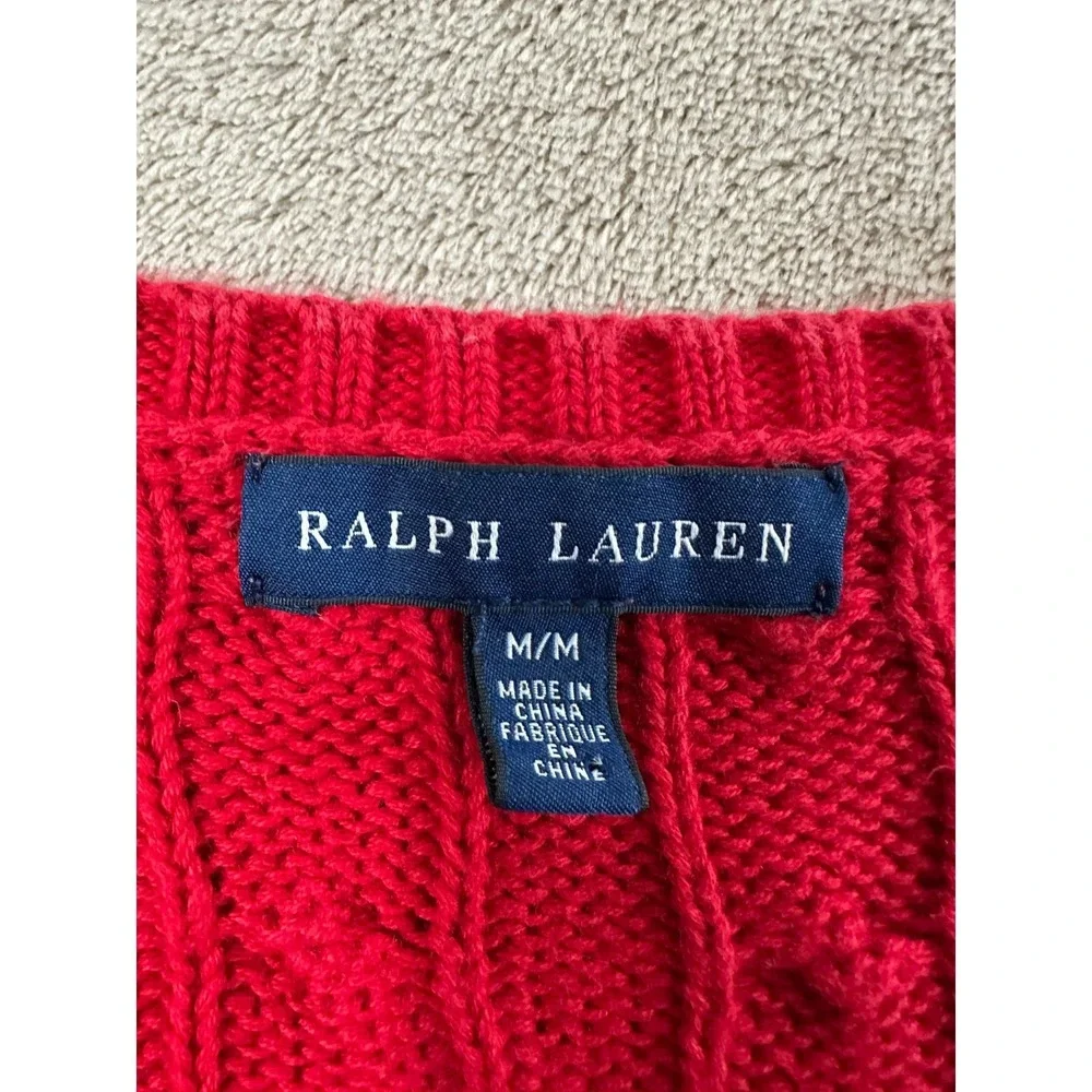 Vintage Ralph Lauren Sweater Mens M Red Cable‎ Knit V-Neck Navy Pony Logo EUC